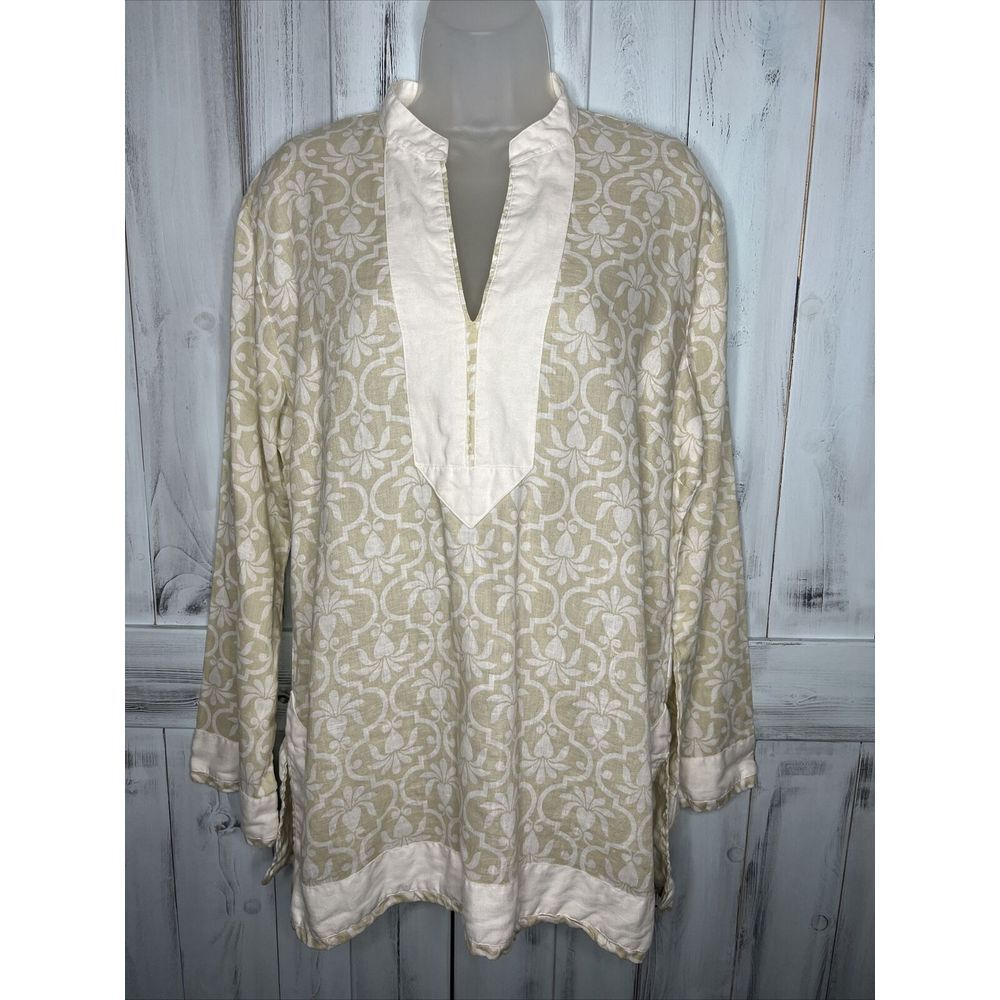 WOMENS LANDS END 100 LINEN BEIGE WHITE QUATREFOIL FLORAL LONG SLEEVE TUNIC TOP M